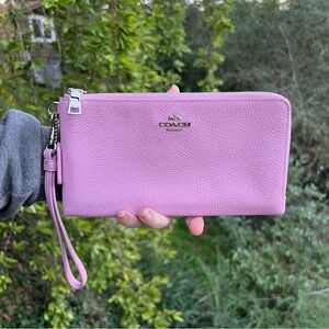 COACH Double Zip Wallet Violet Orchid Pebbled Leather Silver Hardware AUTHENTIC